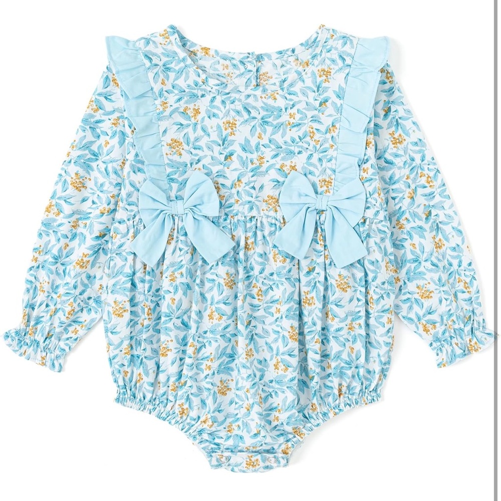 Blue Floral Long Sleeve Bubble Romper with Ruffle & bows- Cotton, Summer, Spring
